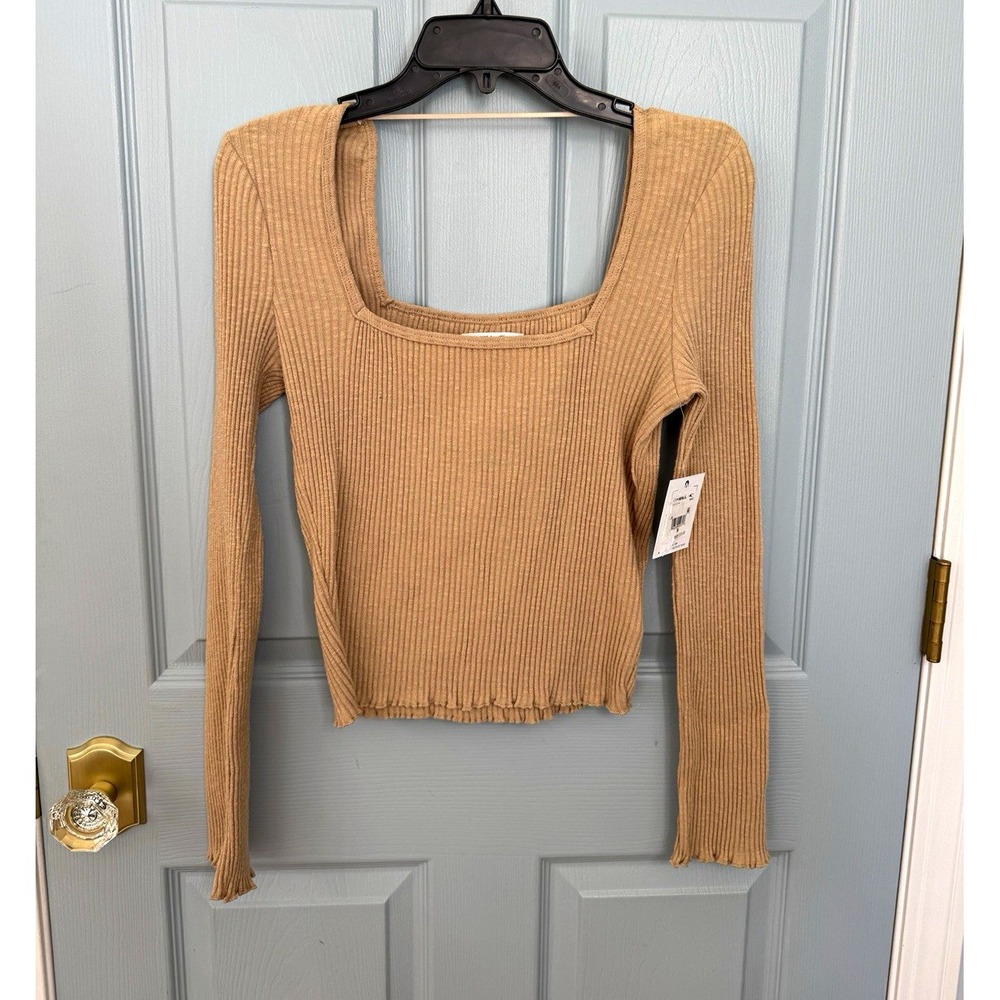 Y2K O'Neill Beige Ribbed Knit Square Neck Long Sleeve Ruffle Hem Top M NWT